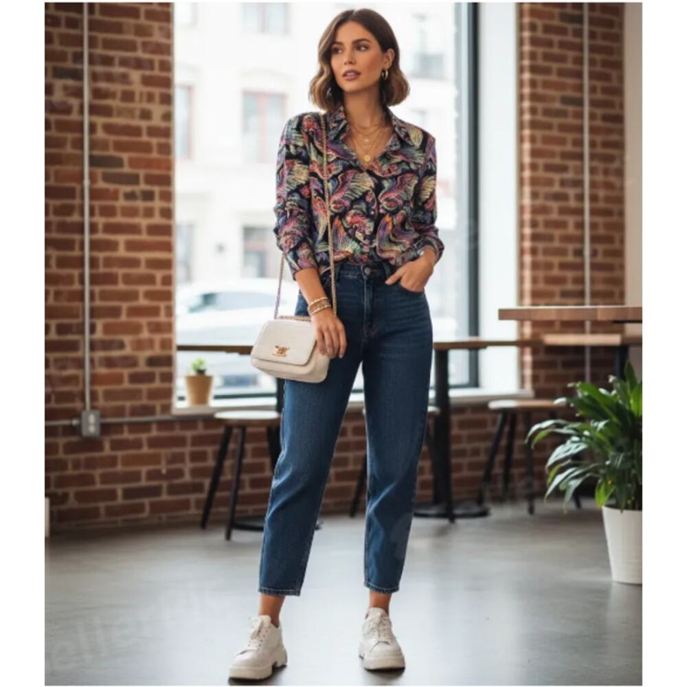 True Religión Angel Wings Printed Silk Button Up Long Sz XS